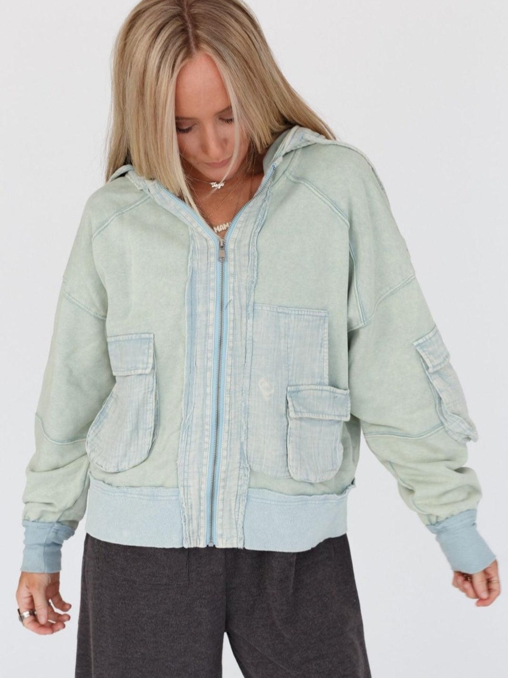 Oli & Hali Light Sage Zip-Front Hooded Bomber Jacket